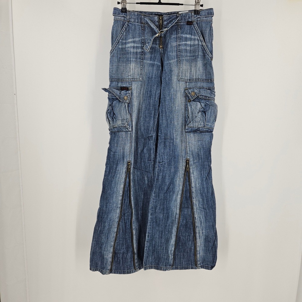 Vintage Mudd Y2K Cargo Jeans Streetwear Zipper Flare Wide Leg Goth Denim Size 0